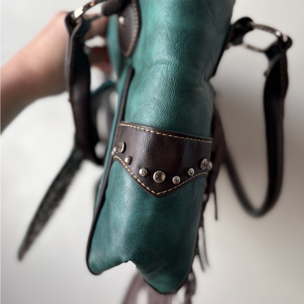 Trinity Ranch Western Studded Fringe Tote Teal Brown Leather NWT - Picture 14 of 16